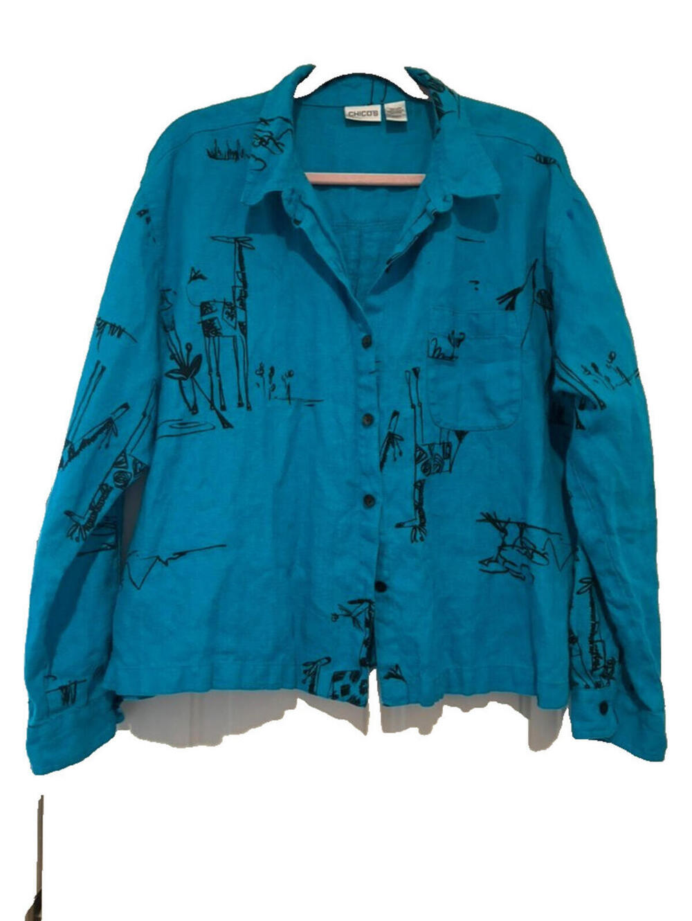 Chicos sz 3 (XL) bright blue linen giraffe long sleeve button down shirt B